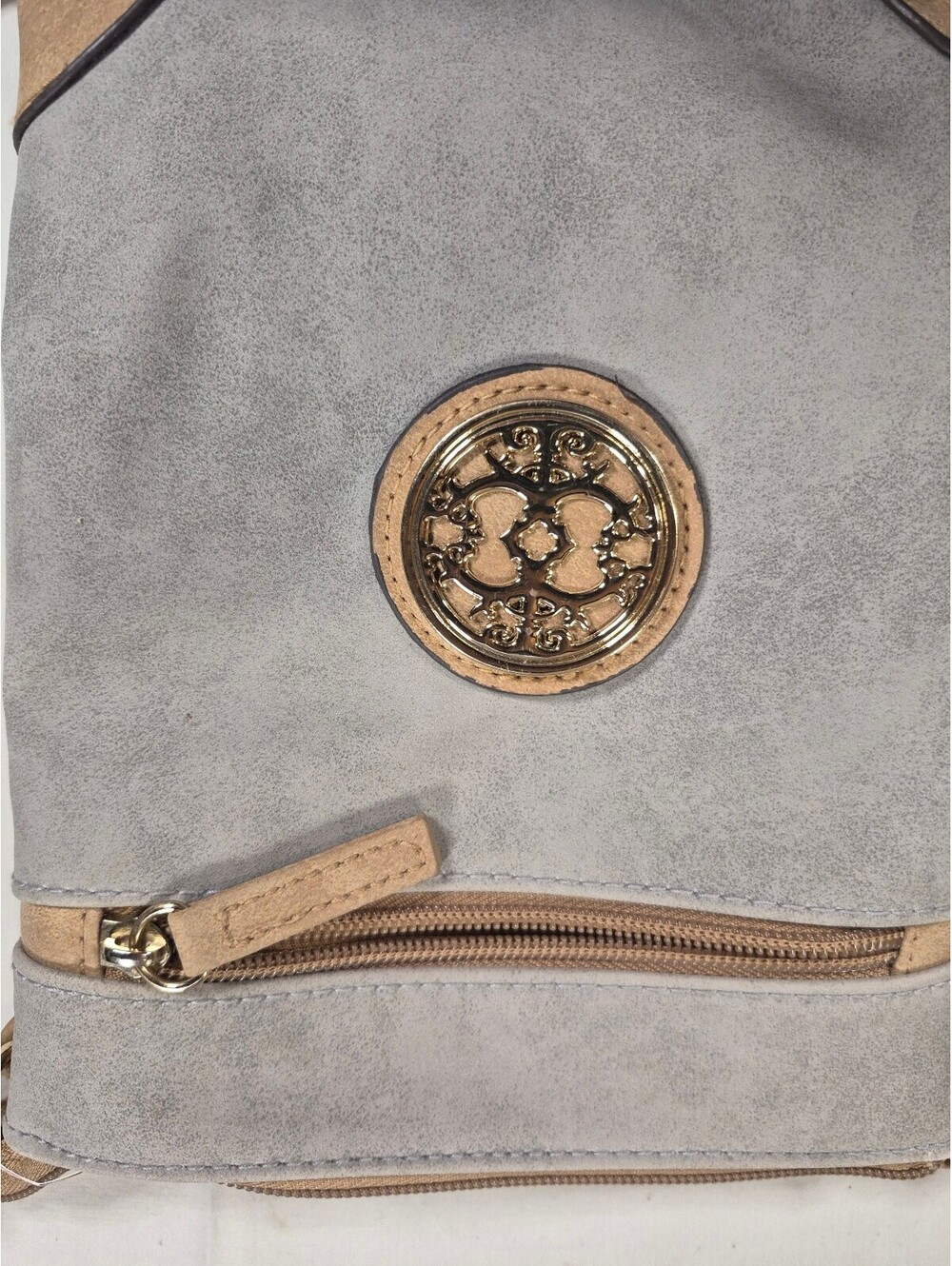 Bee Bag Gray Faux Suede Crossbody Messenger Purse with Gold Emblem Two-Tone Trim